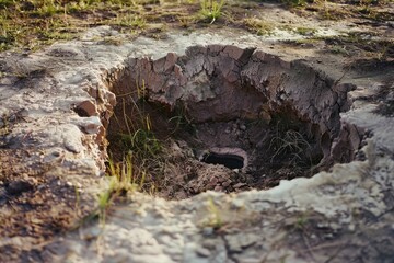 Fototapeta premium A deep, rugged hole in the ground, surrounded by cracked earth and sparse vegetation, suggesting excavation or natural sinkhole formation.
