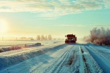 A lone snowplow truck drives down a snow-covered road during a serene, sunny winter morning, clearing the path amidst a picturesque frozen landscape.