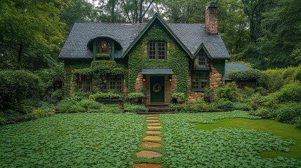 fairy-tale vintage green themed cottage home exterior