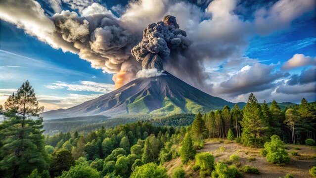 Volcanic ash clouds erupt from Mexico's Paricutin cinder cone, surrounded by lush greenery, in a breathtaking display of geological fury and natural wonder.