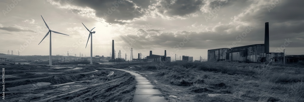 Aufkleber wind turbines rise beside closed coal mines and old factories, showcasing the move towards sustainab