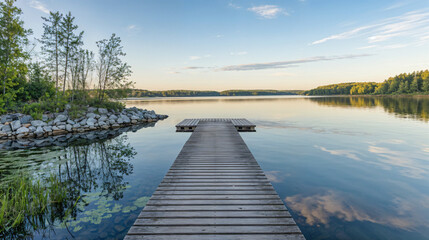 Naklejka premium Jetty at an idyllic lake with smooth water in the morning against claer sky, tranquil scene