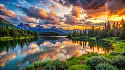 Fototapeta premium Vibrant sunset illuminates a serene lake surrounded by lush greenery, majestic mountains, and drifting clouds, capturing the essence of untouched natural beauty in exquisite detail.