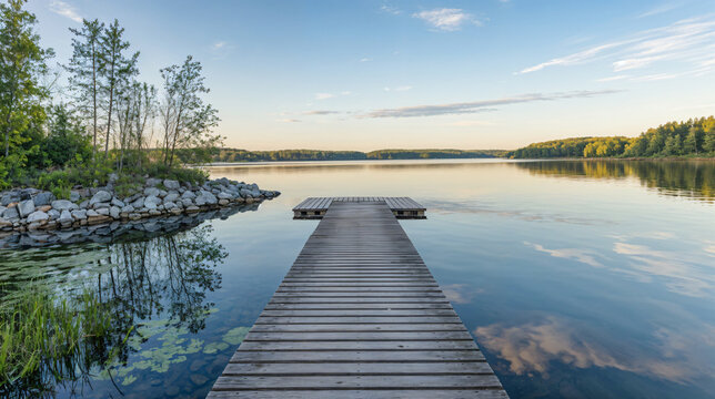 Fototapeta Jetty at an idyllic lake with smooth water in the morning against claer sky, tranquil scene