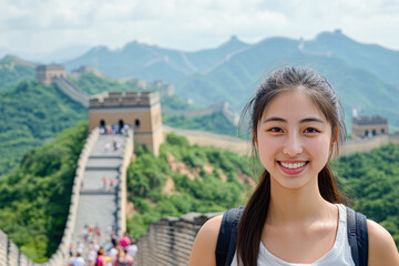 A smiling woman stands in front of a large wall with a lot of people around her