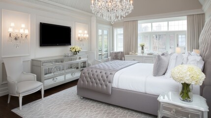 This spacious white bedroom showcases an ornate bed frame, a large TV mounted on the wall, and gray velvet curtains, creating an inviting and luxurious ambiance