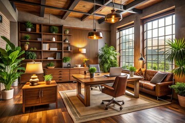 Fototapeta premium warm and inviting office interior cozy atmosphere wooden furniture earthy colors vintage decor