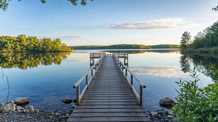 Fototapeta premium Jetty at an idyllic lake with smooth water in the morning against claer sky, tranquil scene