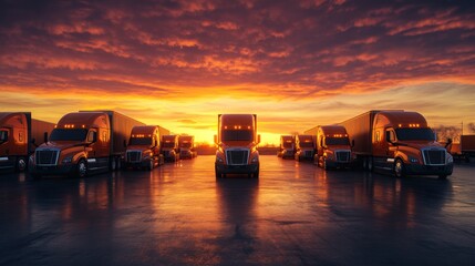 Semitrailer Trucks Lined Up at Sunset