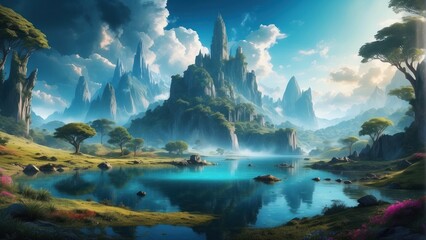 Obraz premium Beautiful landscape of ancient idyllic mountains, valleys and sky