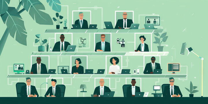An org chart of executive positions and responsibilities, with each box color-coded for easy identification, using shades of gray and green.