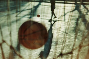 Blurred action shot of a basketball game, with dynamic motion captured through the net as a player moves in the background.