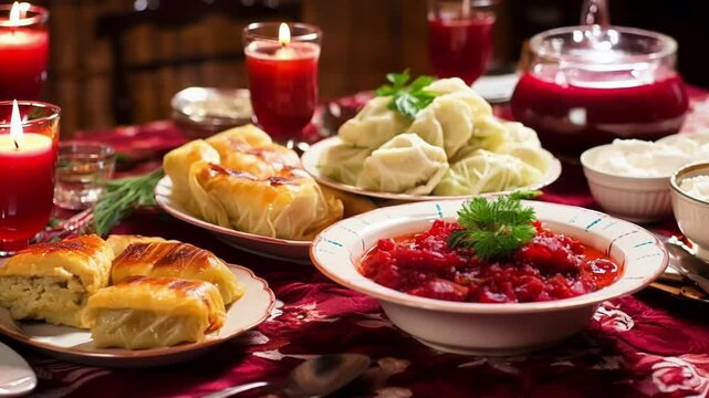 Table is set for christmas eve dinner with traditional polish dishes, including borscht, cabbage rolls, and dumplings, surrounded by candles and drinks