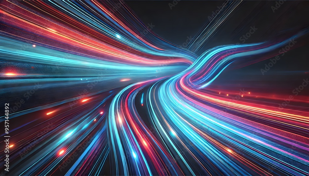Poster a futuristic depiction of high-speed light trails representing data streams, showcasing the concept 