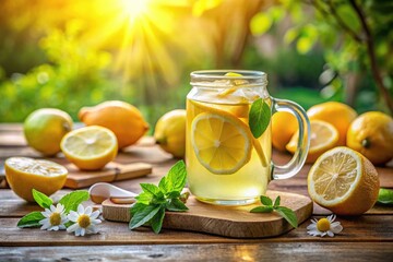 honey and lemon on wooden table