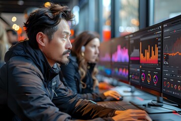 Obraz premium Focused professionals analyzing data on multiple computer screens with colorful charts and graphs in a modern workspace, symbolizing technology, data analysis, and teamwork. Ideal for tech