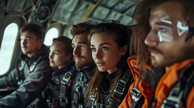 Group of focused skydivers inside a plane, geared up and ready for the jump, symbolizing adventure, adrenaline, and teamwork. Ideal for extreme sports, travel, and outdoor activity projects.
