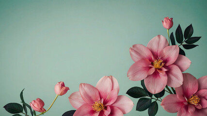 Three open pink flowers on a green background