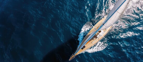 Obraz premium View of luxury sailboat sailing in white sea water with blue sea background. Minimal concept in banner poster style