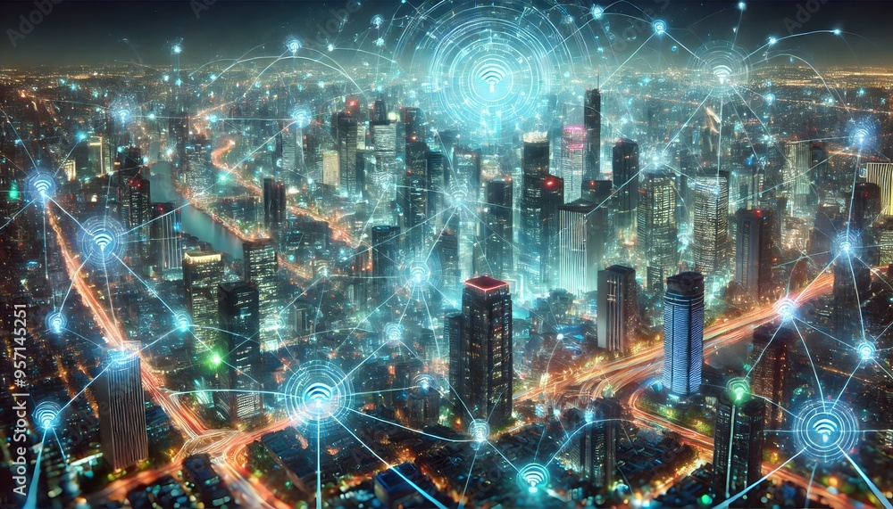 Poster a futuristic view of a smart city at night, illuminated by wireless network connections symbolizing 