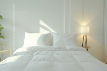 A cozy, sunlit bedroom with crisp white linens and a simple, elegant decor, bathed in the soft glow of morning light.