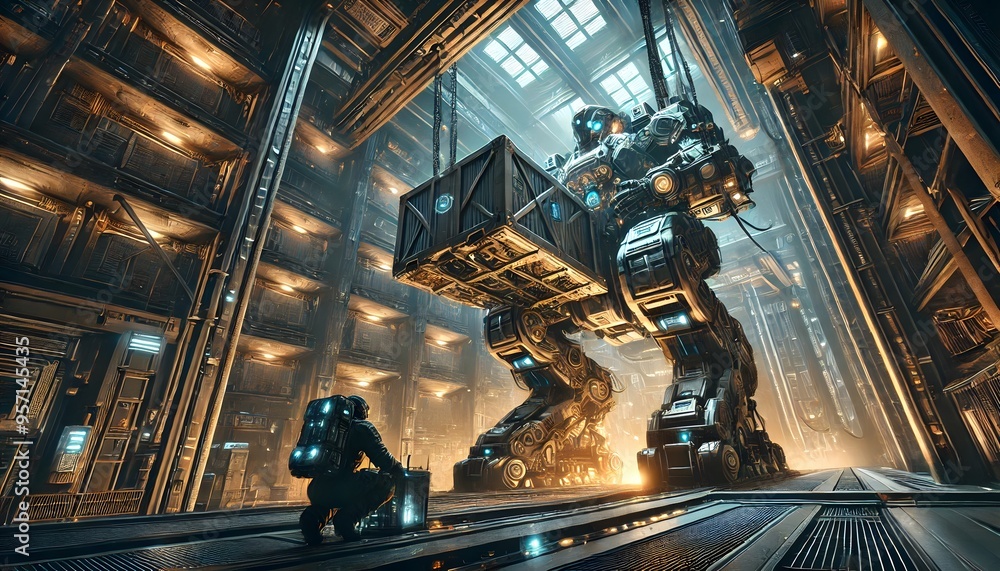 Poster a massive industrial robot in a high-tech warehouse, performing heavy lifting tasks, symbolizing adv