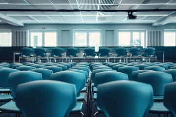 Naklejka premium A conference room set up with rows of modern, blue chairs, ready for a presentation or seminar, bathed in soft, natural light from large windows.