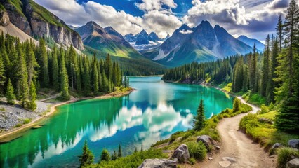 Vibrant turquoise lake surrounded by rugged mountains and lush green forest, with a winding dirt path leading to a secluded serene wilderness camping spot.