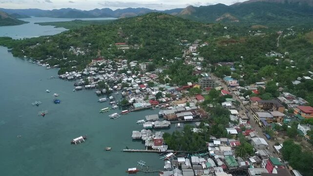 Coron Cityscape with Sulu Sea in Background. Palawan, Philippines. Local Architecure and Seashore in Background. Drone
