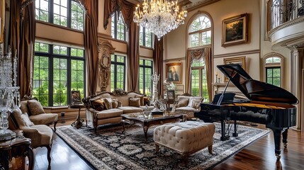 Luxurious and Refined Classic Living Room With Grand Piano and Dazzling Crystal Chandeliers Featuring Plush Seating and Elegant Decor for an Opulent Sophisticated Ambiance