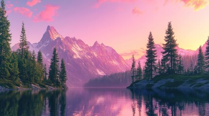 Fototapeta premium Chromatic Sunset: Serene Mountain Landscape with Reflective Pine Trees