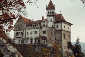 Fototapeta premium An impressive medieval castle stands proudly amidst autumnal trees, with intricate architecture capturing historical grandeur.