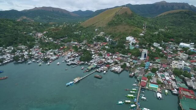Coron Cityscape with Sulu Sea in Background. Palawan, Philippines. Local Architecure and Seashore in Background. Drone