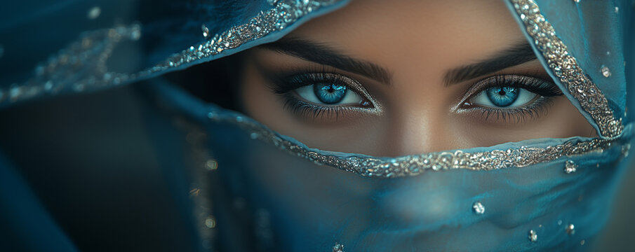 ost beautiful mysterious woman with veil, captivating eyes visible. Symbol of queen, princess, or sorceress. Female in Niqab, Burqa, Hijab, Chador, or Ghoonghat
