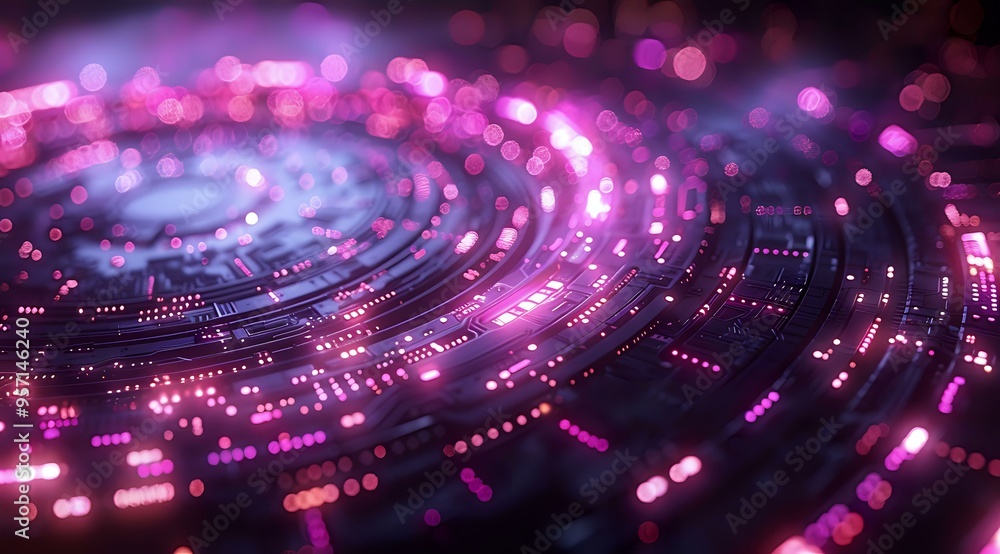 Poster a vibrant, futuristic digital interface with glowing pink lights arranged in a circular, spiral patt