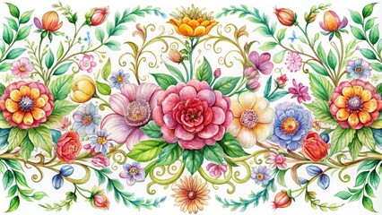 Vibrant watercolor flowers bloom within an ornate, hand-drawn border, featuring intricate botanical illustrations, delicate filigree, and ornamental swirls in a beautiful, scalable vector design.