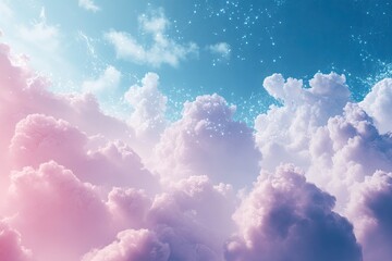 Fototapeta premium A stunning view of fluffy clouds illuminated by soft pastel colors, creating a serene and dreamy atmosphere in the sky.