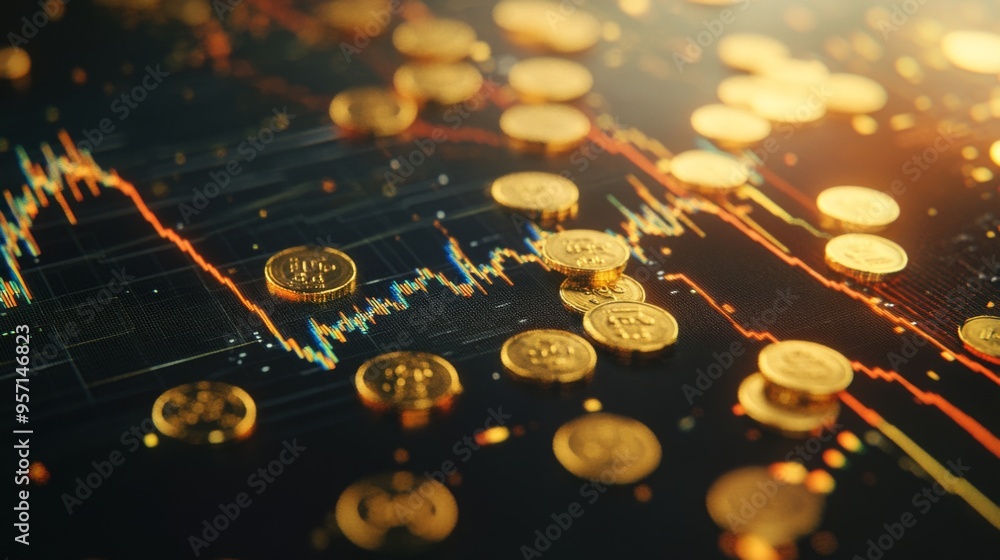 Poster a close-up of a digital chart showing gold prices, with gold coins scattered across the desk, captur