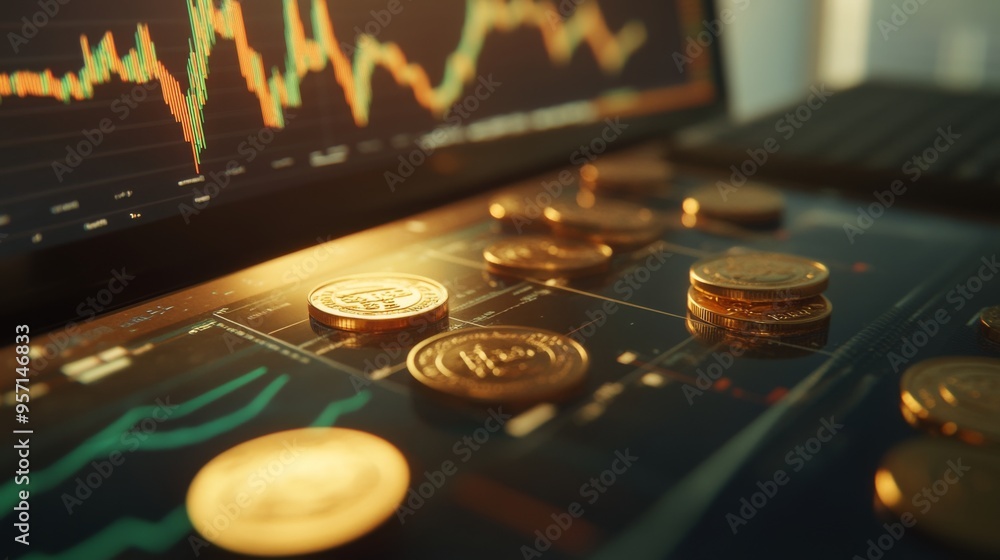 Poster a close-up of a digital chart showing gold prices, with gold coins scattered across the desk, captur