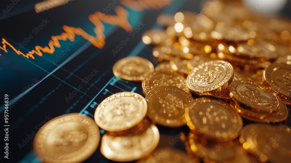 Poster a close-up of a digital chart showing gold prices, with gold coins scattered across the desk, captur