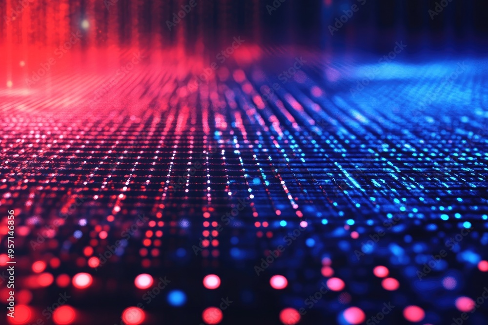 Wall mural abstract digital background with vibrant red and blue lights forming a grid pattern, ideal for techn