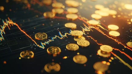 A close-up of a digital chart showing gold prices, with gold coins scattered across the desk, capturing the essence of tracking precious metals in real-time.