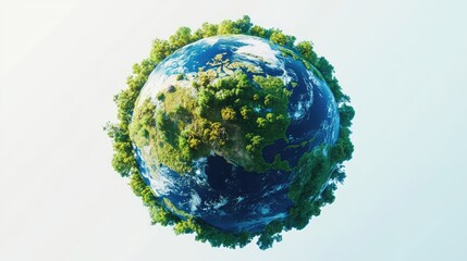 Fototapeta premium A vibrant 3D Earth with green landscapes and blue oceans, encircled by trees, on a white background, emphasizing natural beauty