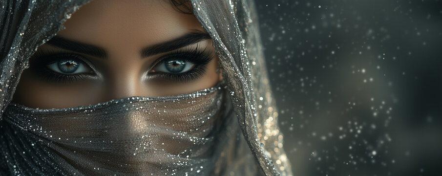 Stunning veiled woman with only captivating eyes visible, embodying mystery. Representing royalty, princess, or sorceress. Female wearing Niqab, Burqa, Hijab, Chador, or Ghoonghat
