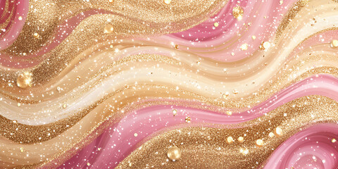 Obraz premium Swirling abstract design with golden glitter and pink waves, creating a dynamic, elegant, and luxurious textured background