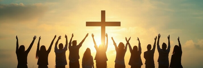 A group of people standing in front of a cross, hands raised towards it with hope and excitement, symbolizing their community's journey to spiritual growth through prayerful activities Generative AI