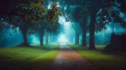 Fototapeta premium Misty Morning Path Through a Forest with Soft Blue-Green Tones, Calm and Serene Landscape with a Dreamlike Atmosphere, Ideal for Nature and Tranquility Themes