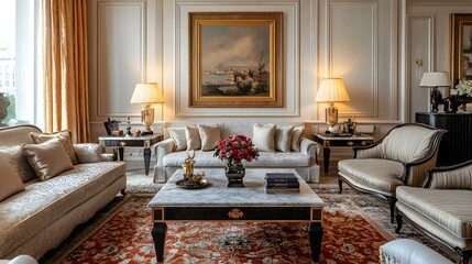 A photograph showcasing an elegant and timeless living room design featuring a marble coffee table sophisticated lighting and traditional artwork displayed on the walls