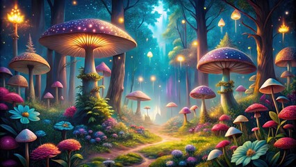 Naklejka premium Vibrant whimsical illustration of a fantastical forest with glowing mushrooms, twinkling stars, and delicate flowers, blending seamlessly with a serene natural landscape background.