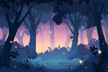 Mysterious forest at twilight with fireflies and glowing lights, creating a magical and enchanting atmosphere